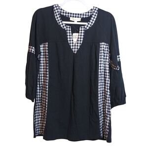 Weekend By Suzanne Betro Blue Plaid Casual Notch Neck Tunic Top Size M